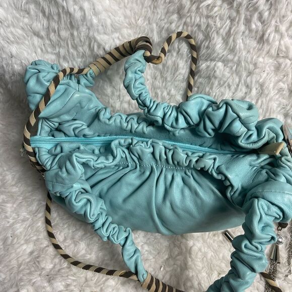 Cromia leather Blue shoulder bag Khaki & brown accent silver tone chain charms - Picture 14 of 16